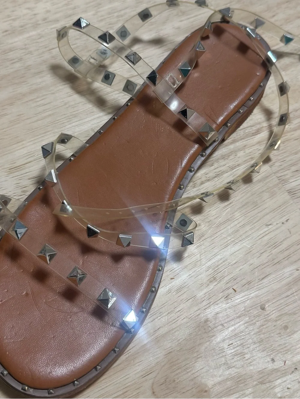Clear Studded Ankle-Strap Sandals with Tan Sole